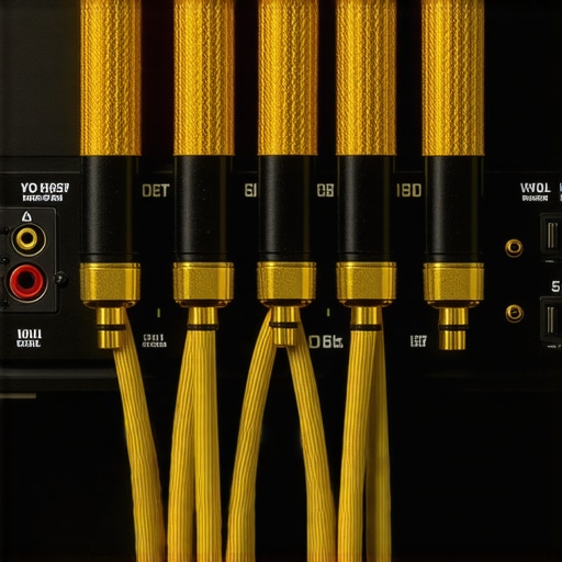 Close-up of gold-plated banana plugs and braided speaker cables connected to an AV receiver