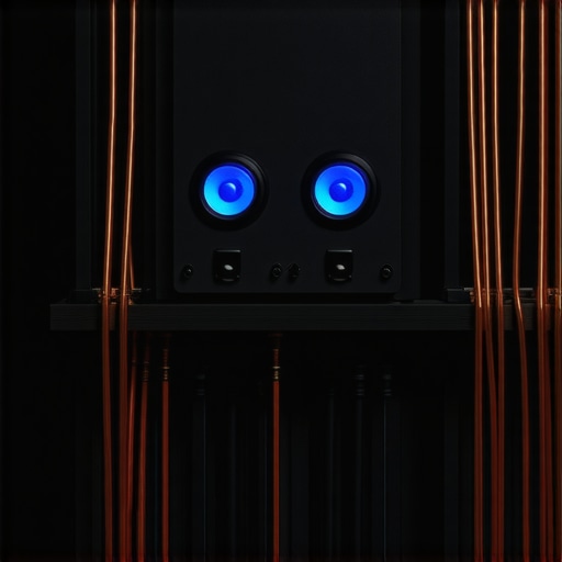A dedicated external power amplifier on a rack showing VU meters and professional cable connections.