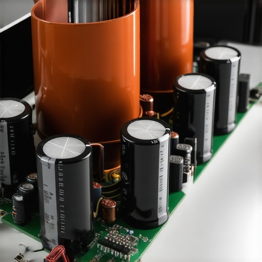 Internal view of a power amp showing the transformer and capacitors.