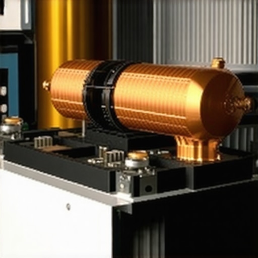 Internal view of a power amplifier showing heat sinks and capacitors