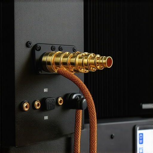 Close-up of premium speaker wire connected securely to a home theater receiver terminal