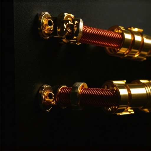 Close up of speaker cables connected to a power amplifier terminal.