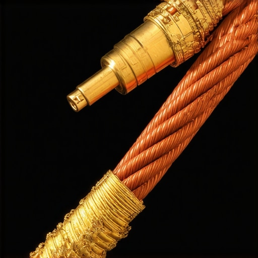 A close-up of a properly terminated 12-gauge speaker cable with a gold-plated connector.