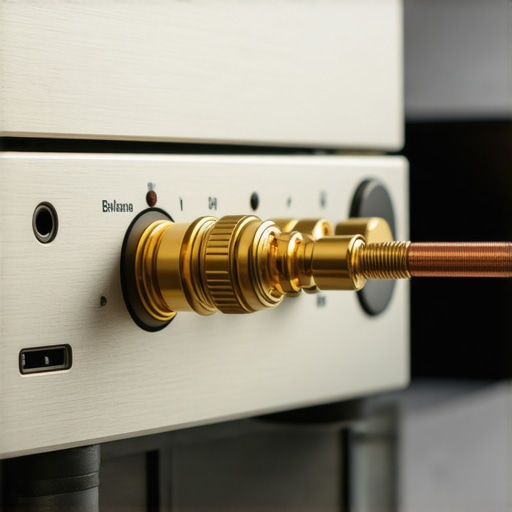 Close up of a gold-plated banana plug connecting to an AV receiver.