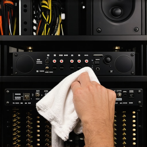 Organized AV rack with cooling fan and cleaning tools