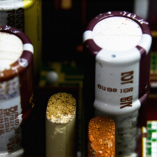 Identifying a swollen and leaking power amp capacitor Macro view of a failing electrolytic capacitor on a circuit board showing a bulging top and electrolyte leakage.