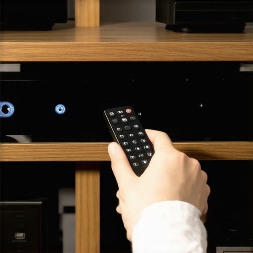 A small IR receiver mounted on a media cabinet to improve remote control line of sight for hidden AV receivers.