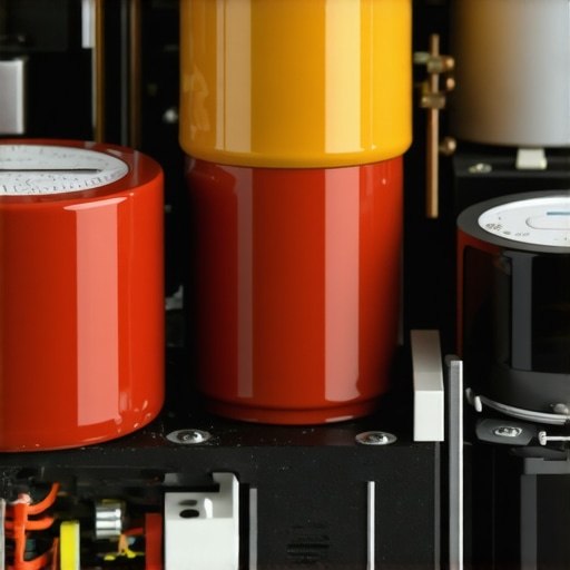 Close-up of a large toroidal transformer and power capacitors inside an audio amplifier.