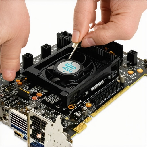Hands installing a GT 1030 graphics card into an old PC motherboard for home theater use.