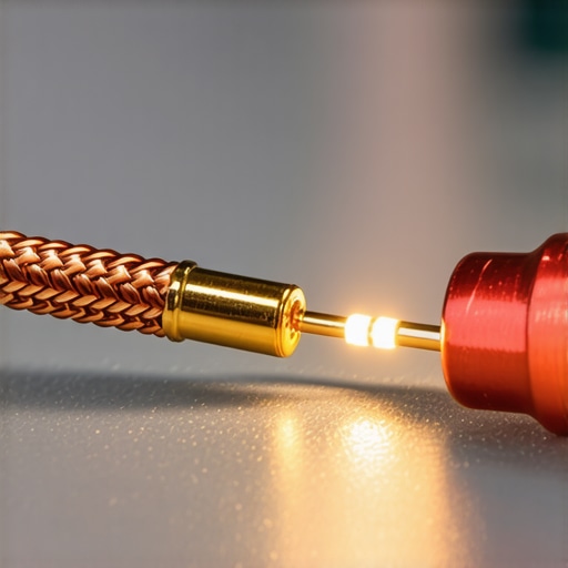 Close up of speaker wire being terminated with a gold spade lug