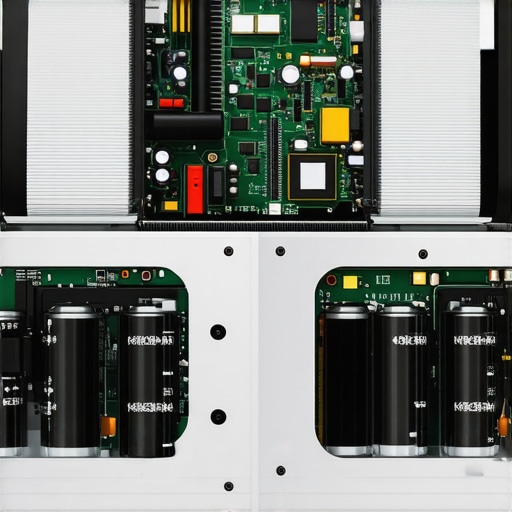 A detailed shot of heat sinks and capacitors inside a home theater receiver.