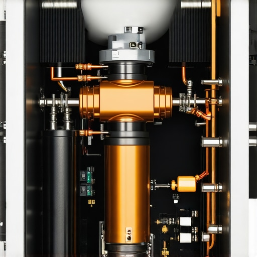 Close up view of toroidal transformer and capacitors inside a power amp.