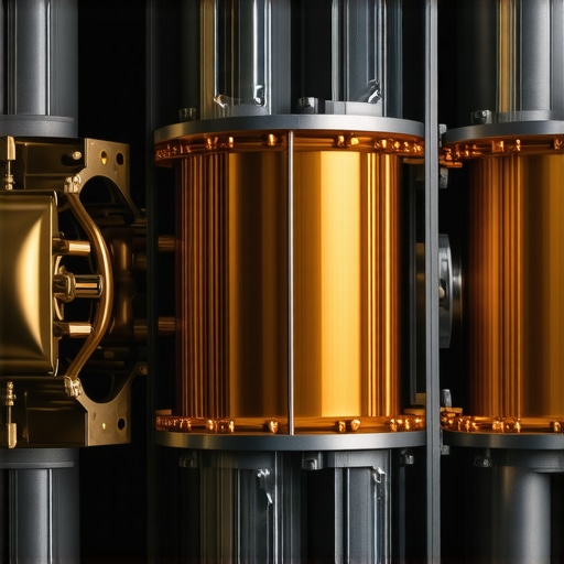 A close-up view of a toroidal transformer and capacitors inside a high-end audio power amplifier.