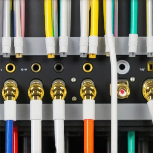 A well-maintained home theater wiring setup showing labeled cables and clean connections.