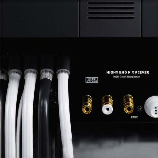 Close-up of AV receiver cooling and labeled speaker wires