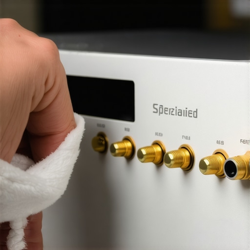 A person cleaning the back terminals of an AV receiver with contact cleaner.