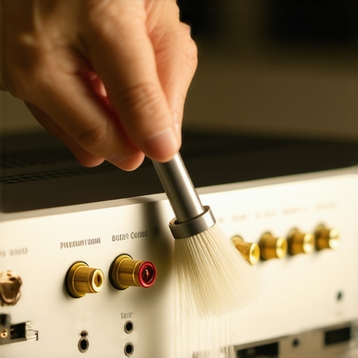 Cleaning dust and checking connections on a high-end home theater receiver back panel.