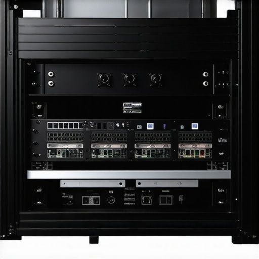 Cooling fans and organized cables behind a power amplifier to prevent overheating.