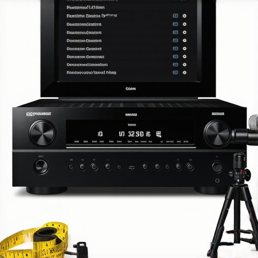 Close up of a calibration microphone and a screen showing audio distance settings.