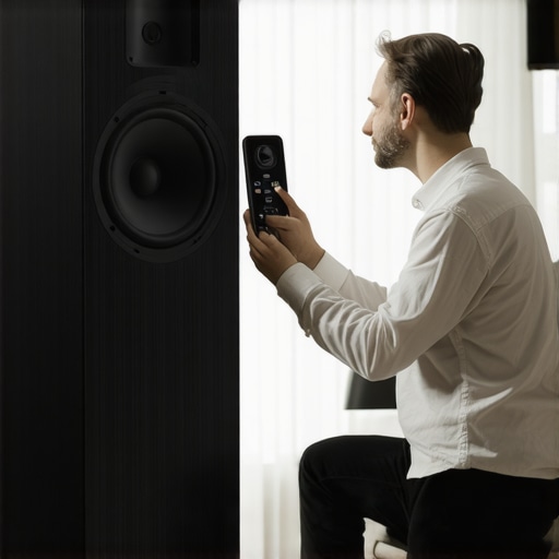 A man holding an SPL meter in front of a high-end speaker for audio calibration.