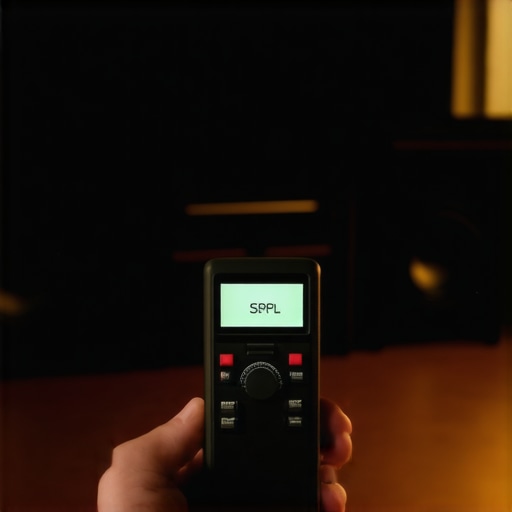 A handheld sound pressure level meter being used to calibrate home theater speakers manually.
