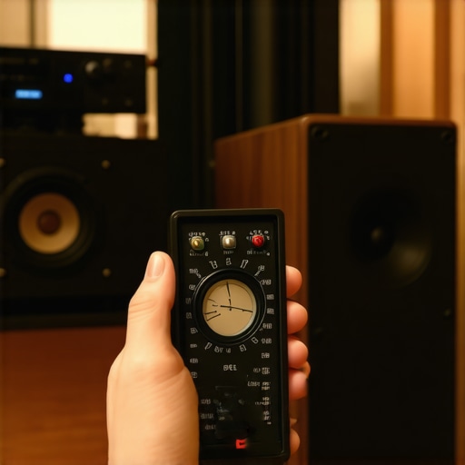 A technician using an SPL meter to calibrate home theater speakers