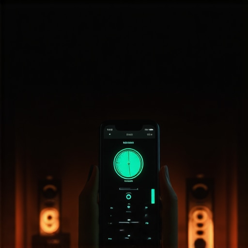 An enthusiast using a smartphone app to calibrate speaker levels in a home cinema room.