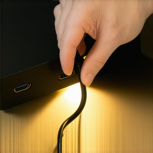 Person unplugging HDMI cable from an AV receiver for a hardware reset.