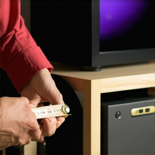 A close-up of a tape measure being used to check speaker distance for manual home theater setup