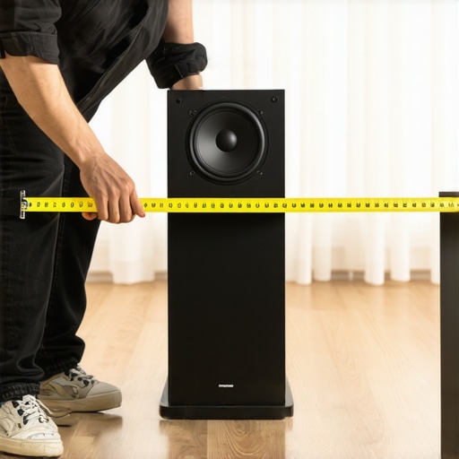 A person using a tape measure to calibrate the distance settings on an AV receiver for better sound sync.