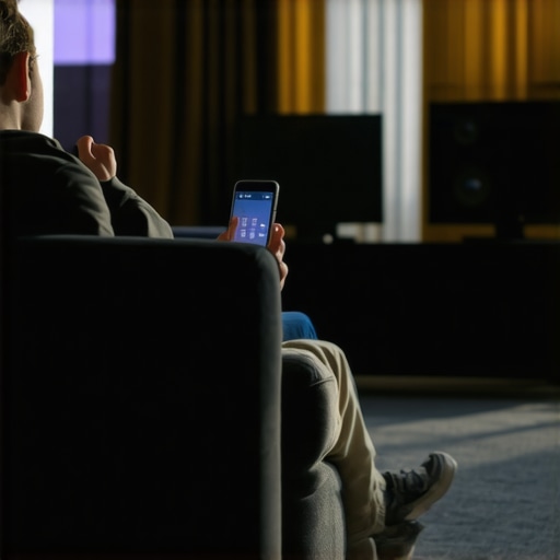 A person using a smartphone app to calibrate home theater subwoofer levels in a living room.