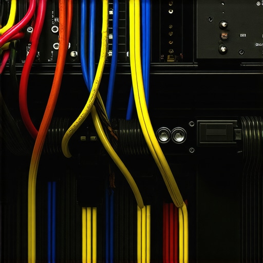 Close up of coiled speaker wires causing signal interference behind an AV rack.