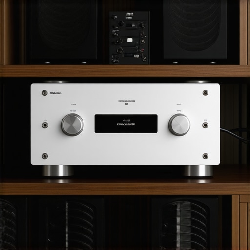 High-end AV rack with quiet cooling fans on top of a power amplifier for thermal management.