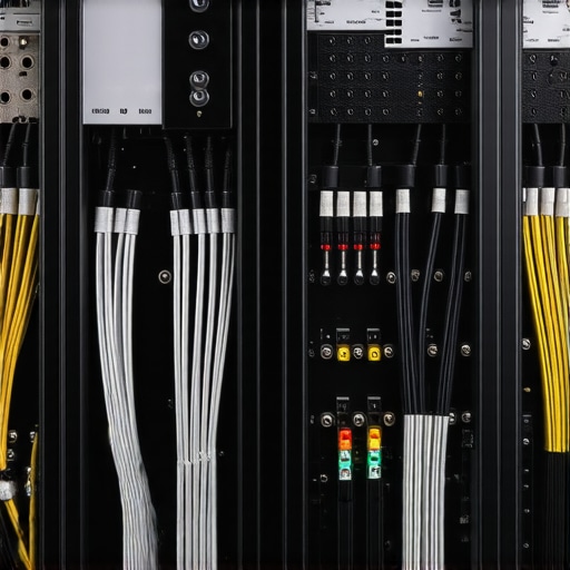 A professional home theater equipment rack with separate power amplifiers and managed cables.