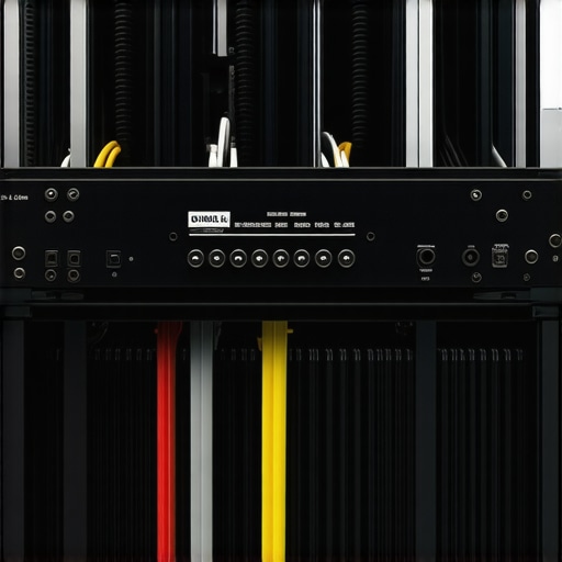 A power amplifier installed in an open-air rack for maximum cooling and performance.