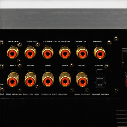 A detailed view of secure speaker connections and power inputs on an AV receiver.