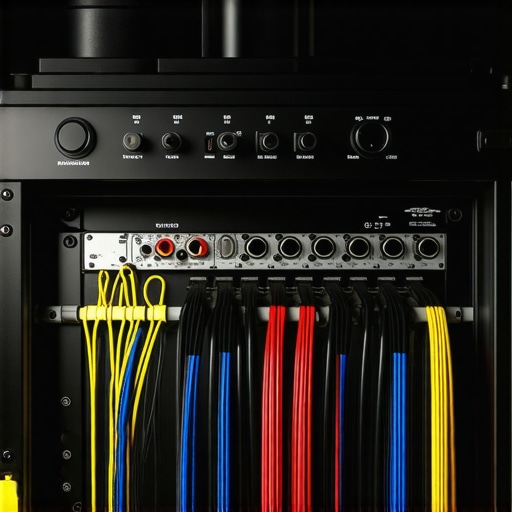 Close up of organized home theater cables and a well-ventilated power amplifier.
