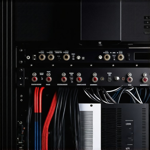 Professional home theater rack with neat labeling and cooling fans.