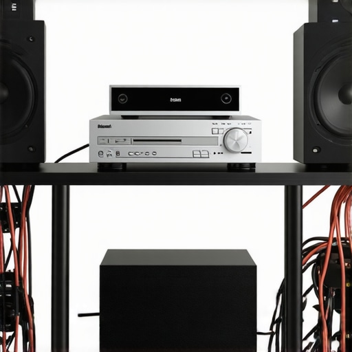 Close-up of an AV rack showing proper ventilation spacing between an amplifier and a receiver with organized copper wiring.