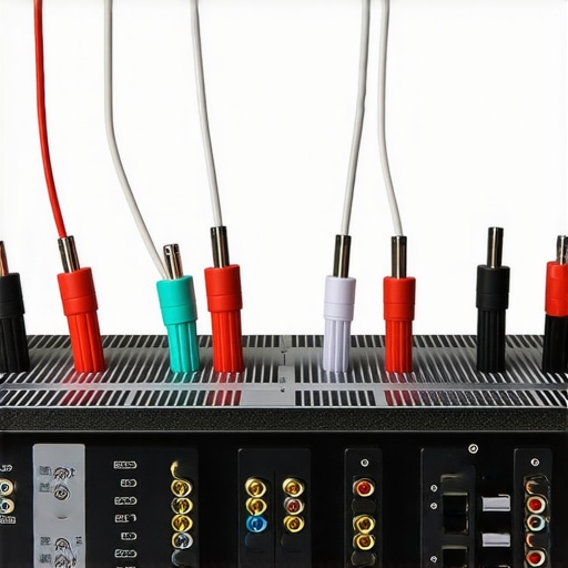 Close-up of organized speaker and power cables behind an AV receiver to prevent interference.
