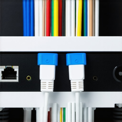 Rear view of an AV receiver showing hardwired ethernet and high-quality speaker cable connections.