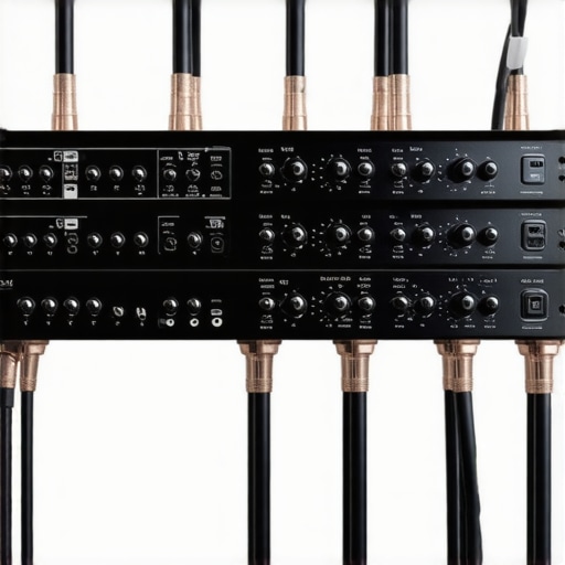 High-quality power amplifiers and copper speaker cables in a professional AV rack setup