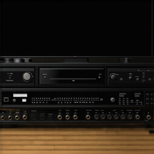 A professional home theater rack with an AV receiver and external media hub highlighting clean cable management.