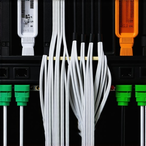 Close-up of organized AV cables showing proper separation and perpendicular crossing to prevent signal interference.