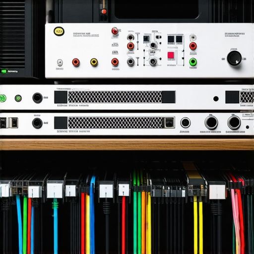 Close-up of a well-ventilated AV rack with labeled cables and professional cable management.