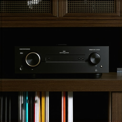 A professional home theater setup showing proper ventilation for an AV receiver to prevent audio clicking and hardware failure.