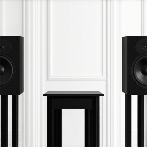 Bookshelf speakers on stands positioned near a wall for better bass response.