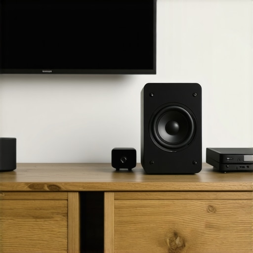 A center channel speaker angled upward on a media console for better dialogue clarity.