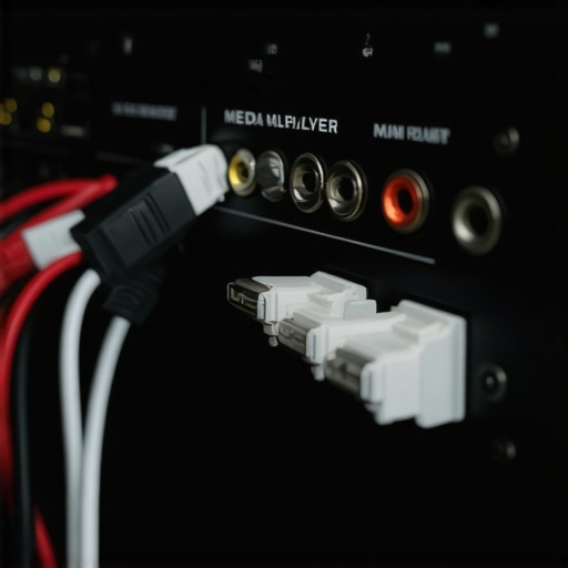 Rear view of an AV receiver showing HDMI cables plugged into the media player port to ensure stable audio handshakes.