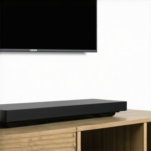 A well-placed media hub on a wooden shelf to ensure strong remote signal and minimal interference.